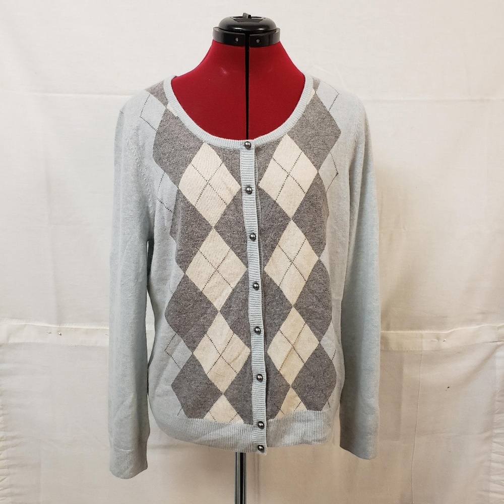 Talbots Blue Gray Argyle Lambswool Cardigan Large